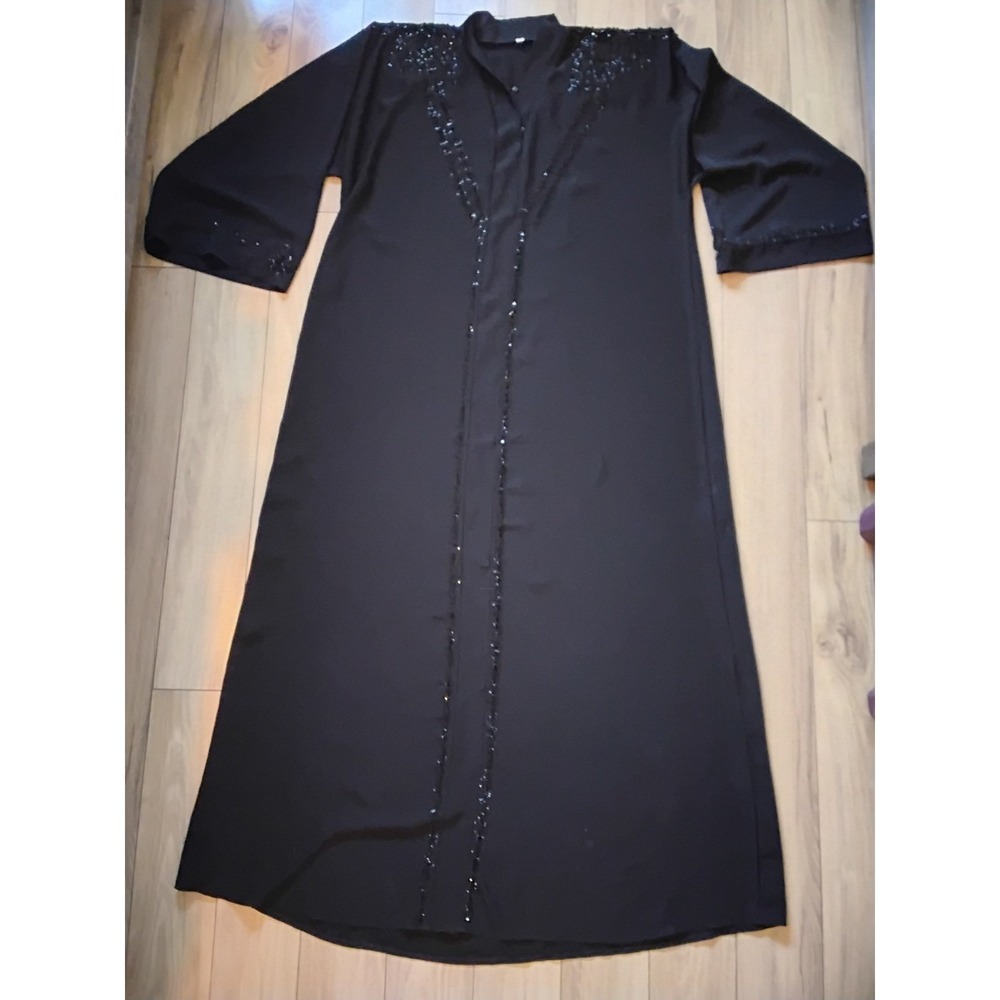 Black Embellished Abaya Robe Sequin Beaded Modest Long Sleeve Kaftan Size 60 - Picture 2 of 7